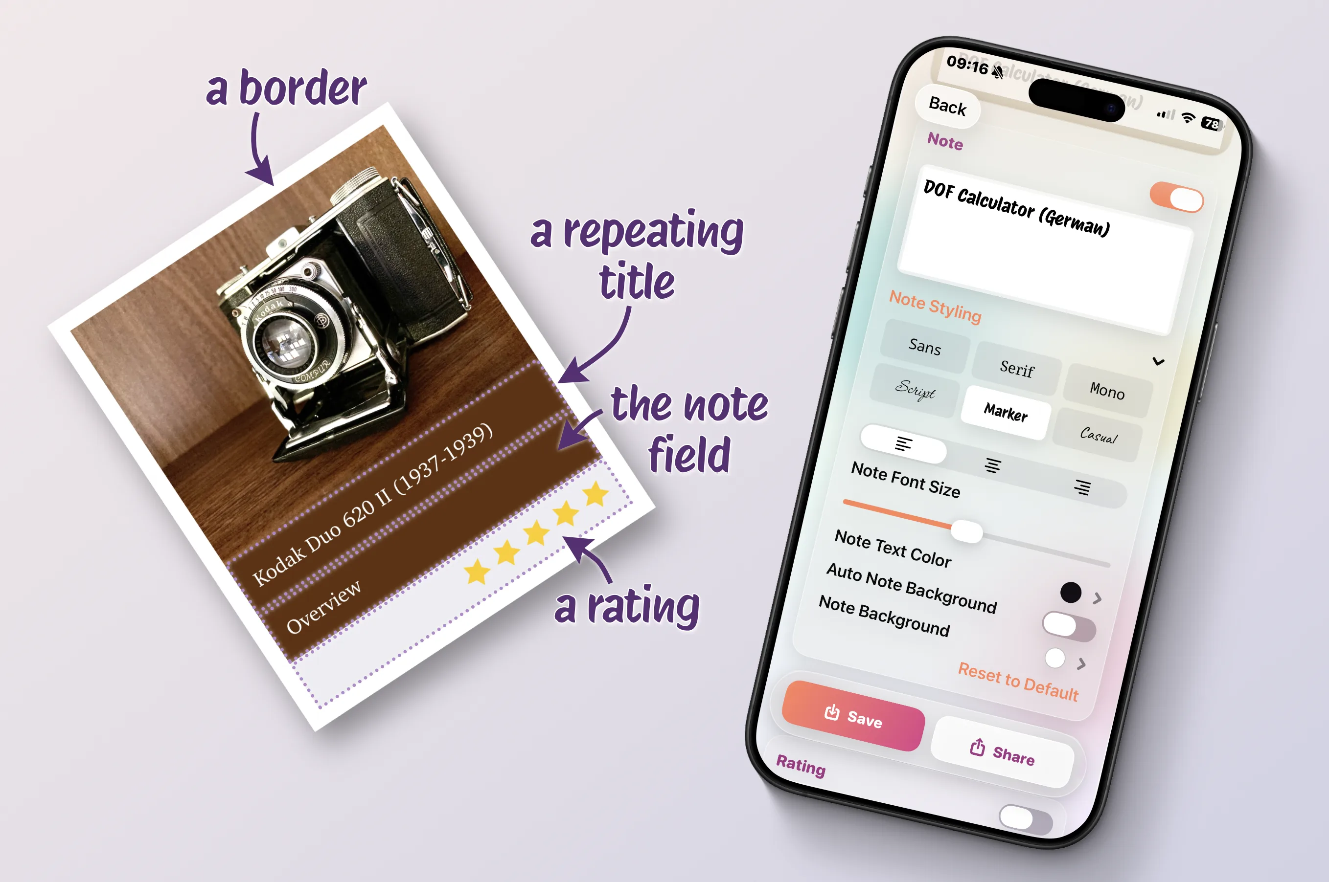 Beispiele für angepasste PhotoNote-Layouts: gerahmt, betitelt, bewertet.