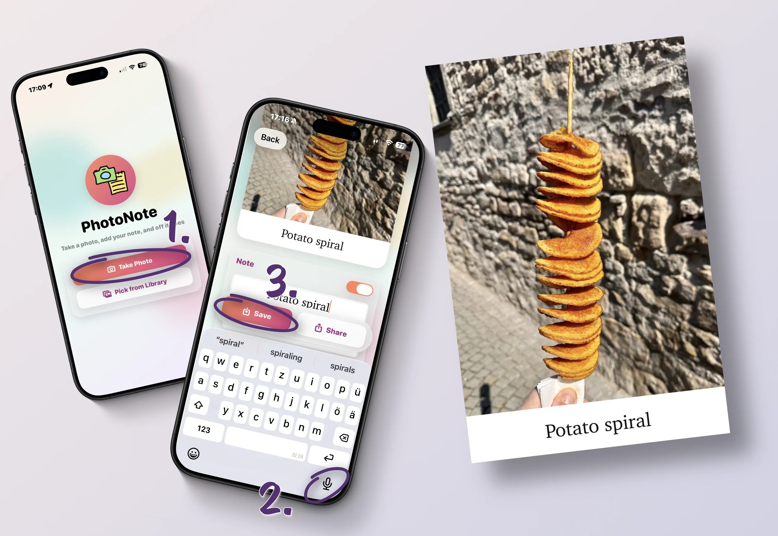 Zwei Telefone und ein Polaroid zeigen den PhotoNote-Ablauf: Foto machen, Notiz hinzufügen, speichern oder teilen.
